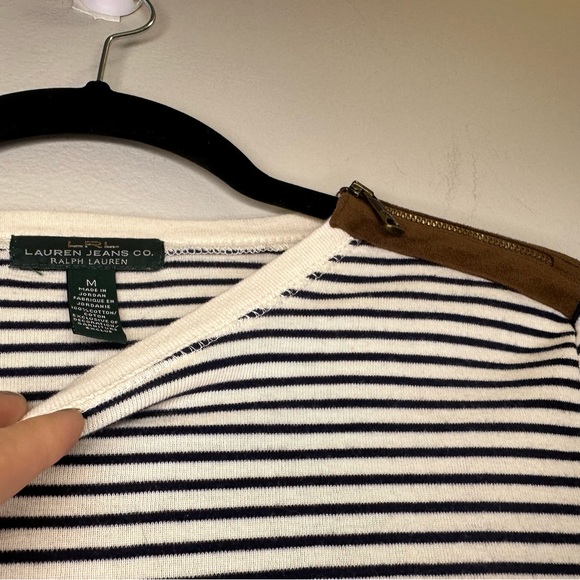 Ralph Lauren Women’s Top Shirt Sz M Striped Faux Suede Elbow Patch Zip Shoulder - Picture 4 of 9